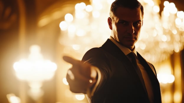 Politician pointing finger during press conference in luxury hotel photo