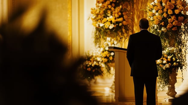 Politician giving speech at press conference in ornate room photo