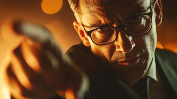 Serious businessman pointing finger accusingly under warm light photo