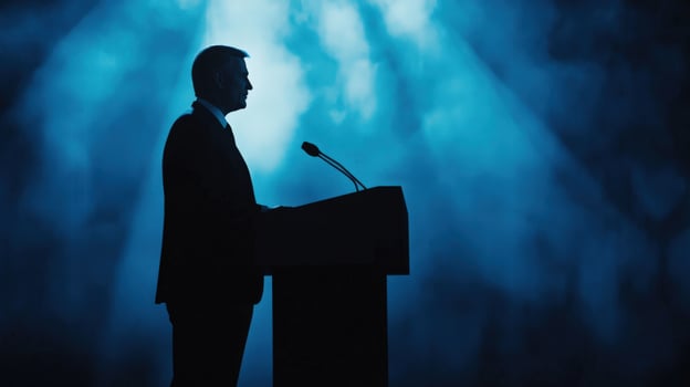 A confident politician delivers a speech at an elegant podium their facial features illuminated by soft light. The interplay of lighter and darker blue shades in the abstract backgroun photo