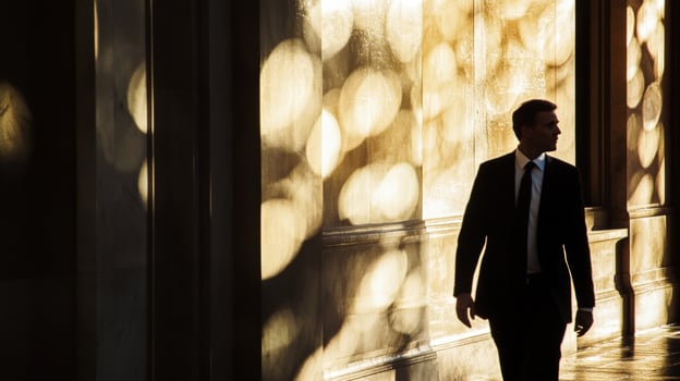 An elegantly dressed individual is captured midspeech exuding charisma and authority. Behind them iconic silhouettes of modern and classical structures hover softly out of focus creatin photo