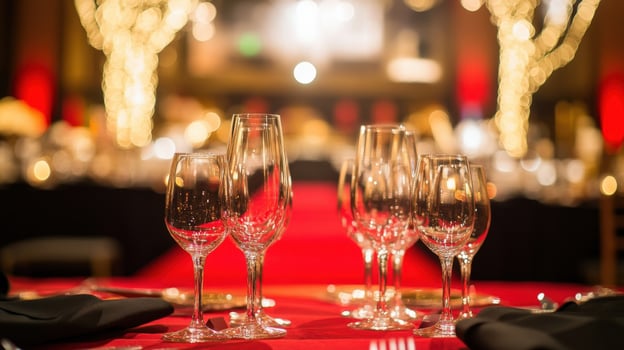 The diplomat pauses to reflect with a softfocus background featuring an array of glimmering glassware set upon elegantly draped tables highlighting the opulence surrounding the re photo