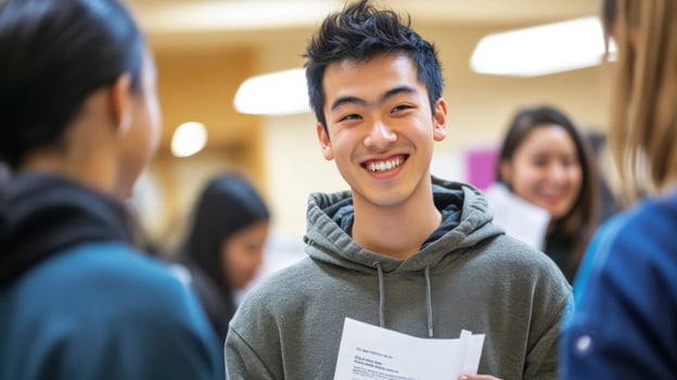 Young man smiling and holding political flyer at rally photo