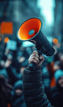 A person holding a megaphone in front of a crowd photo