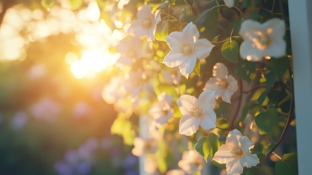White clematis flowers blooming in the garden at sunset photo
