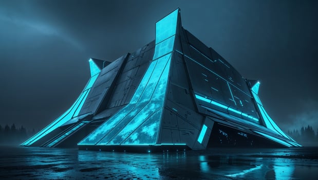 A futuristic building with blue lights on it photo