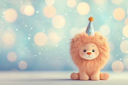 adorable cartoon charming toy lion in festive party hat on pastel colors blurred bokeh background with copy space photo