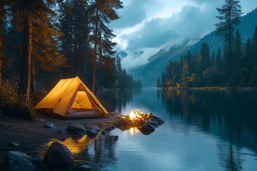Tranquil Camping by Mountain Lake with Tent and Campfire at Dusk in Forested Wilderness photo