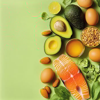 Fresh salmon fillet surrounded by healthy ingredients like avocado, eggs, nuts, and greens on a light green background for healthy eating concept photo