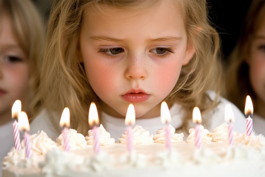 A young girl blowing out candles on a cake photo