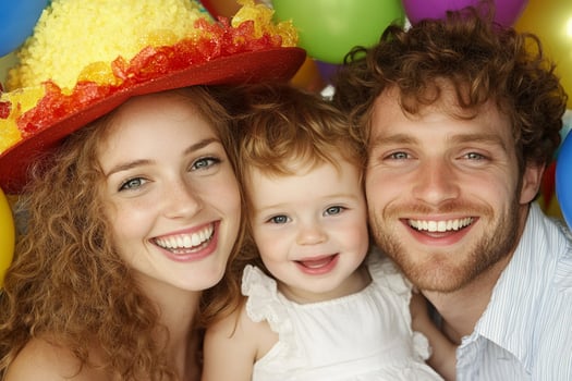 A man and woman with a child in a colorful hat photo