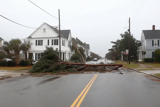 A tree is down on a street in front of houses photo