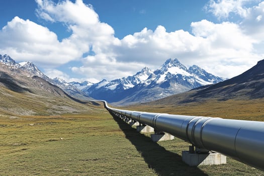 A long pipe with mountains in the background photo