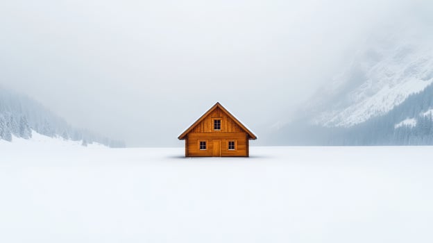 serene winter scene featuring solitary wooden cabin surrounded by vast expanse of snow photo
