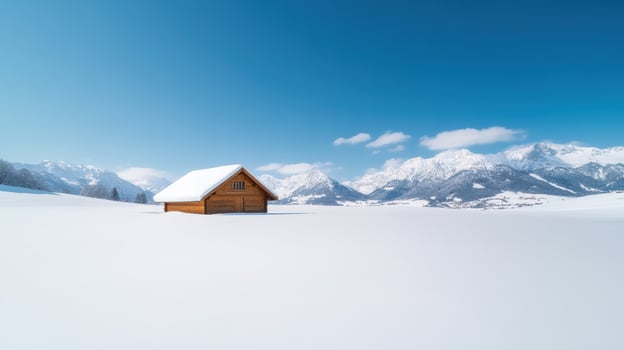 serene winter scene featuring wooden cabin surrounded by vast snow covered fields and majestic photo