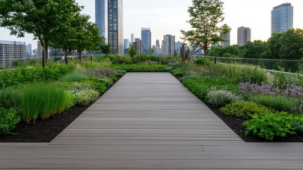 serene rooftop garden terrace features lush greenery and vibrant flowers, surrounded by photo