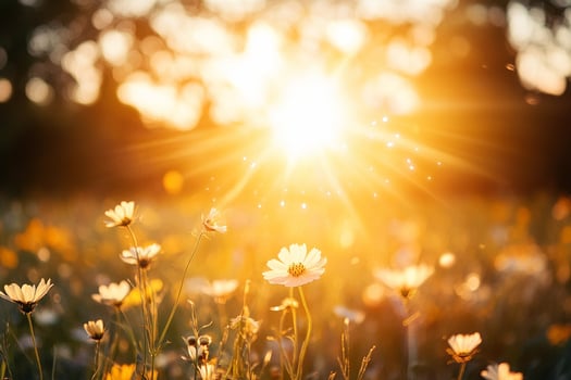 The sun is shining over a field of daisies photo