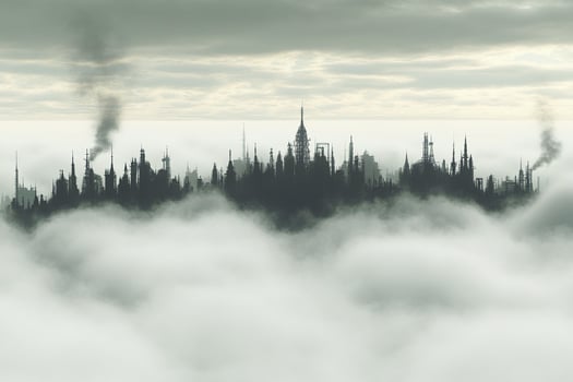 A city is surrounded by clouds and smoke photo