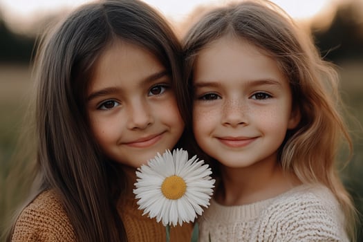 Two little girls posing for a photo with a daisy