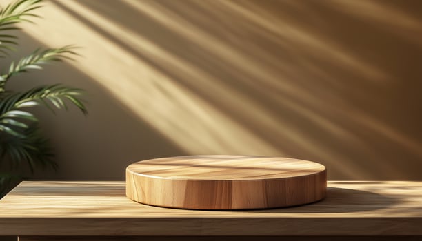 A wooden round table on a wooden table with a plant photo