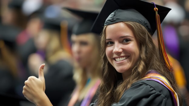 Young woman wearing graduation gown and cap smiling thumbs up during graduation ceremony photo