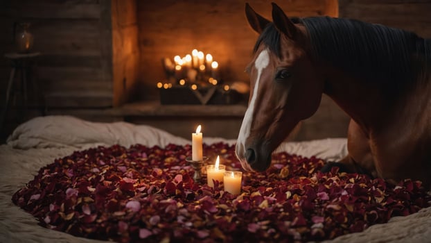 A serene horse surrounded by rose petals and candles in a cozy setting. photo