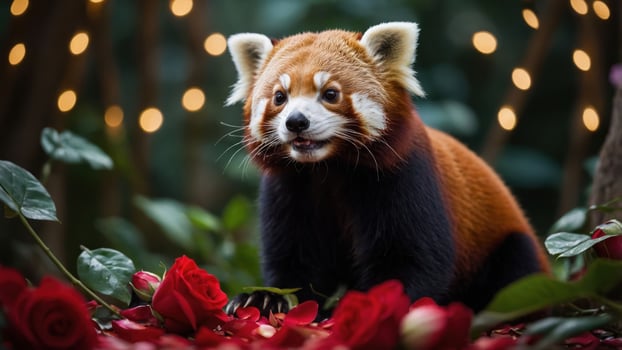 A red panda surrounded by roses, creating a whimsical and enchanting atmosphere. photo