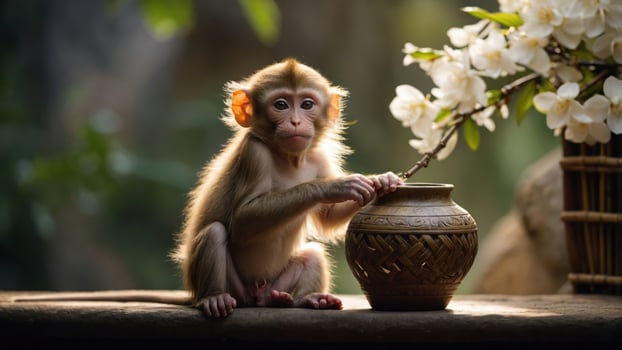 A young monkey curiously interacts with a decorative pot beside blooming flowers. photo