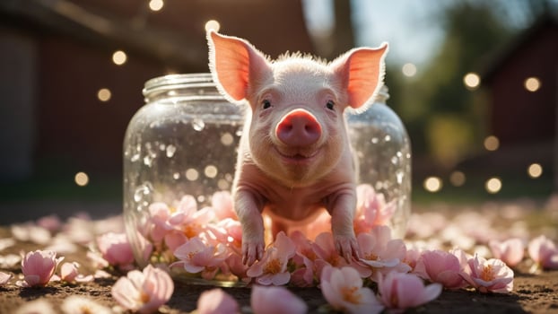 A cute piglet sitting in a glass jar surrounded by pink flowers, radiating joy. photo