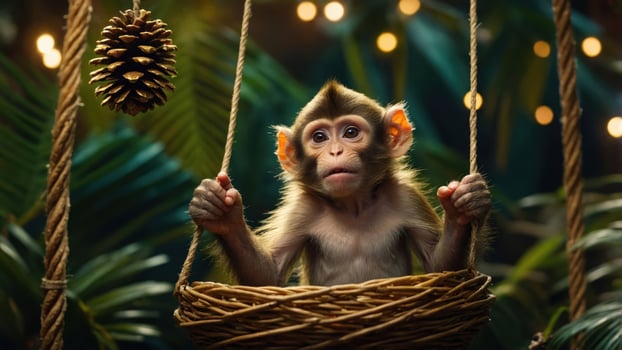 A young monkey sits in a woven basket, surrounded by tropical foliage and warm lights. photo