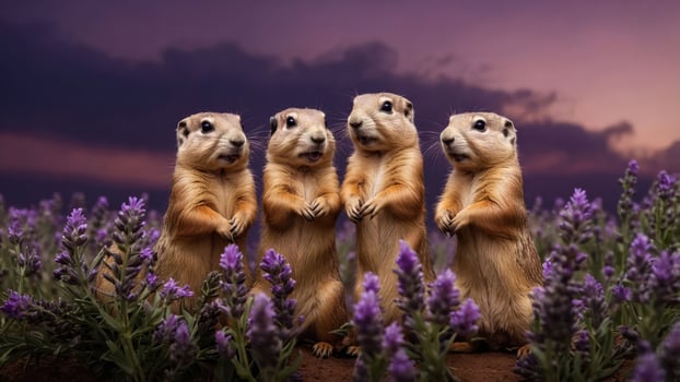 Four prairie dogs standing in a field of lavender at sunset. photo