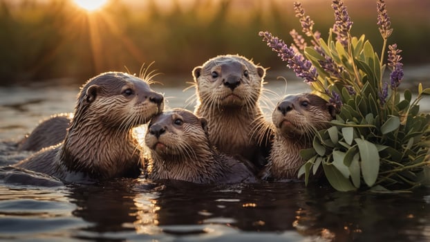 Four otters in water with flowers at sunset, showcasing nature's beauty and wildlife. photo