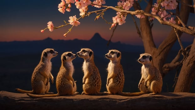 Five meerkats standing in a row under cherry blossoms at sunset. photo