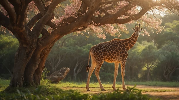 A giraffe stands gracefully beneath a blooming tree in a serene natural setting. photo