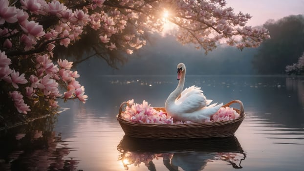 A serene swan in a flower-filled basket on a tranquil lake at sunrise. photo