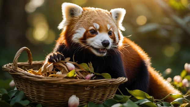 A red panda playfully interacts with a basket of leaves in a natural setting. photo