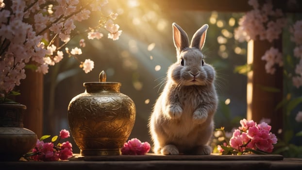 A serene rabbit surrounded by pink flowers and a golden vase, evoking tranquility and nature. photo