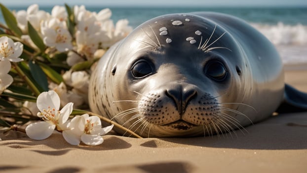 A close-up of a seal resting on the beach surrounded by white flowers. photo