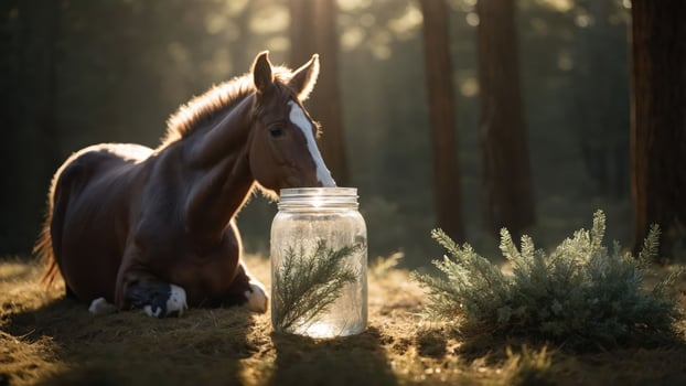 A horse rests beside a jar containing greenery in a sunlit forest. photo
