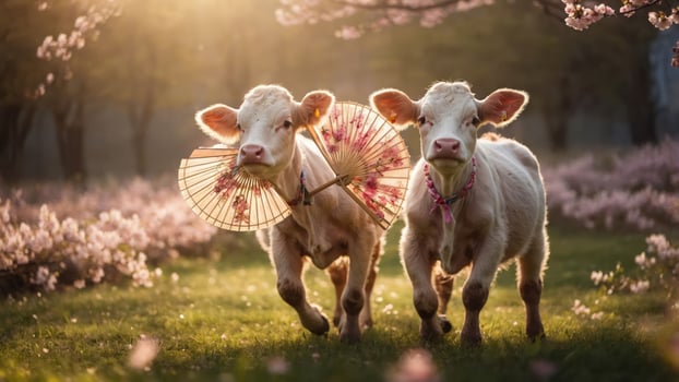 Two playful calves wearing decorative fans in a blooming field during sunset. photo