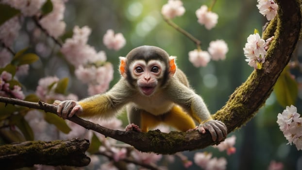 A playful monkey perched on a branch amidst blooming flowers. photo