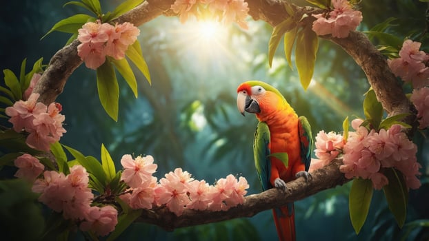 A colorful parrot perched on a flower-laden branch in a sunlit forest. photo