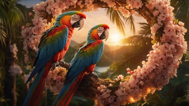 Two colorful parrots perched on a floral branch at sunset, surrounded by lush greenery. photo