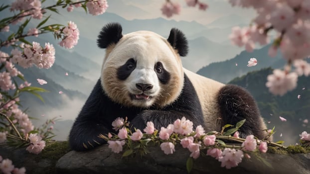 A panda resting among cherry blossoms in a serene mountainous landscape. photo