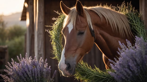 A horse framed by greenery and lavender, exuding a serene and picturesque atmosphere. photo