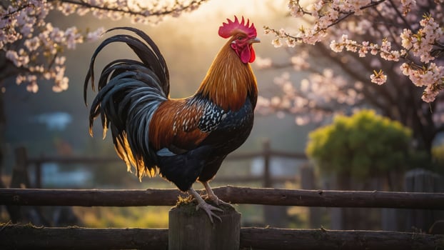 A rooster stands proudly on a fence amidst blooming cherry blossoms at sunrise. photo
