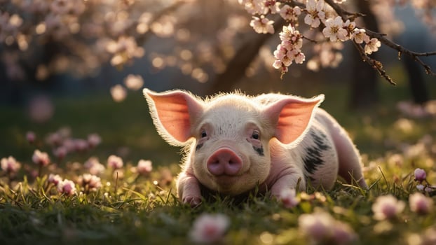 A cute piglet resting among blooming flowers in a serene outdoor setting. photo