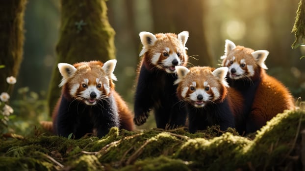 Four red pandas playfully interacting in a forest setting. photo