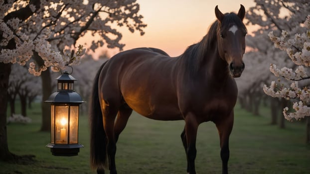 A serene horse stands near a lantern amidst blooming cherry trees at sunset. photo