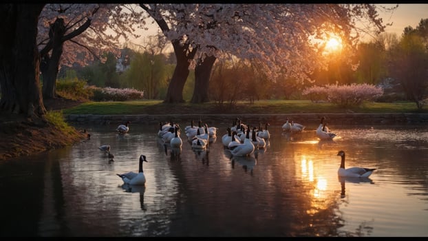 A serene sunset scene with swans in a tranquil pond surrounded by cherry blossoms. photo